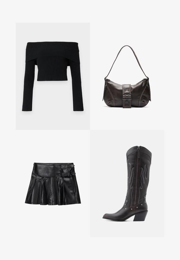 Sort, off-the-shoulder, ribbet jumper med lange ærmer; cropped design og tekstureret stof. Ingen dekorationer eller mønstre.; Sort læderskirt med pliser, bred talje og to spænde-accenter på siden. Glat tekstur med en blank finish.; Brune læder cowboystøvler med flammebroderi, sidelukning med lynlås, sølvnitter, spids snude og lagdelt hæl.; Brun læder skuldertaske med en buet form, der har et fremtrædende spænde, kontrasterende syninger og en enkelt skulderrem.