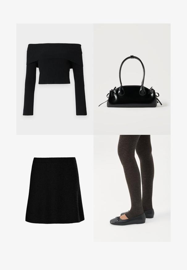 Sort, off-the-shoulder, ribbet jumper med lange ærmer; cropped design og tekstureret stof. Ingen dekorationer eller mønstre.; Sort A-formet nederdel i tekstureret, blødt stof. Har en tætsiddende talje og en udvidet silhuet, der giver et glat og afslappet udseende.; Ben iført mørke ribbede leggings kombineret med sorte balletsko med små sløjfedetaljer på hvid baggrund.; Lille sort blank håndtaske med to lange håndtag og snøre-detaljer i siden på en ensfarvet lys baggrund.