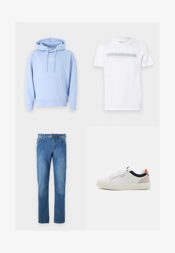Sudadera azul claro de algodón suave, con un bolsillo frontal, capucha con cordón y estampado de logo en blanco en el pecho.; Camiseta blanca de algodón con cuello redondo, mangas cortas y un diseño gráfico en azul que dice "DENIM TOM TAILOR establecido en 2007."; Vaqueros de mezclilla en azul medio con corte recto. Presentan cinco bolsillos, cierre de botón y costuras visibles a lo largo de las costuras.; Zapatillas blancas de cuero con un diseño de caña baja, acento en tela azul marino en el cuello y una lengüeta de talón de ante rosa claro. Suela de goma.