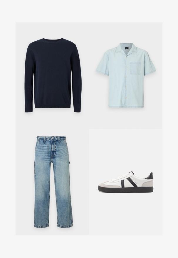 Pull en maille bleu marine à manches longues, col rond, avec des poignets et un ourlet côtelés. Présente un petit logo sur la poitrine.; Chemise légère à manches courtes de couleur bleu clair, dotée d'un col classique, de boutons sur le devant et d'une poche sur la poitrine gauche.; Jean en denim bleu clair avec une coupe décontractée, jambes droites, texture usée et cinq poches. Doté d'une taille avec passants de ceinture et d'accents de couture.; Baskets blanches avec des accents noirs et gris, présentant un embout texturé gris, une semelle en caoutchouc noir et des lacets plats blancs. Design épuré, style minimaliste.