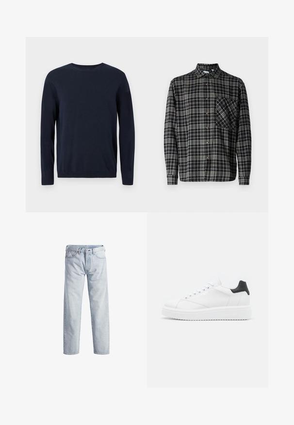 Marineblå strikket sweater med lange ærmer, rund halsudskæring og ribbede manchetter og kant. Har et lille logo på brystet.; Only & Sons Lumberjack ONSARCHER Lumberjack - Skjorter - black; Lys blå denim jeans med lige ben, knaplukning, fem lommer og subtilt falmet tekstur. Har metal hardware detaljer.; Hvide lædersneakers med en sort hælflap, flade snørebånd, struktureret mellemsål og branding på ydersiden. Designet til afslappet brug.