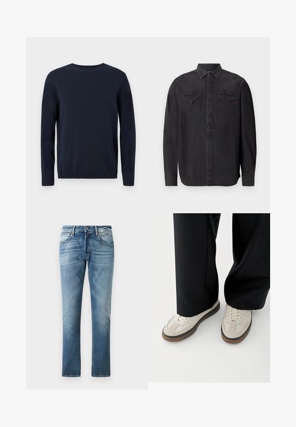Pull en maille bleu marine à manches longues, col rond, avec des poignets et un ourlet côtelés. Présente un petit logo sur la poitrine.; Chemise en denim noir à manches longues, avec un col classique, des fermetures à boutons-pression, deux poches poitrine et un détail logo rouge subtil.; Jean droit bleu avec un effet délavé, bouton à l'avant et poches, présenté sur un fond blanc uni.; Pieds portant des baskets beige avec des semelles marron et un pantalon noir à jambes larges sur fond blanc.