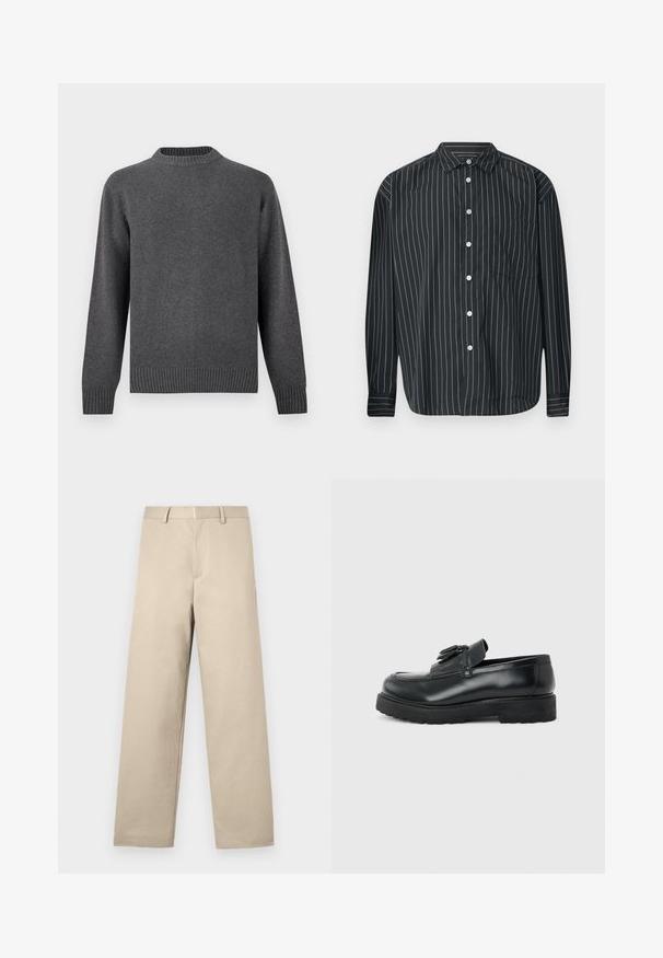 Suéter de punto gris con cuello redondo, mangas largas y puños y dobladillo acanalados. Textura suave con un acabado liso. Diseño sencillo y moderno.; Camisa negra de manga larga con botones, con finas rayas verticales blancas, un bolsillo en el pecho, tela suave y diseño de cuello clásico.; Pantalones beiges con un diseño de pierna recta, frente plano, dos bolsillos laterales y cremallera. Fabricados en una suave tela de algodón.; Mocasín de cuero negro con borlas, suela de caucho gruesa y tacón bajo, mostrado de perfil sobre un fondo liso.