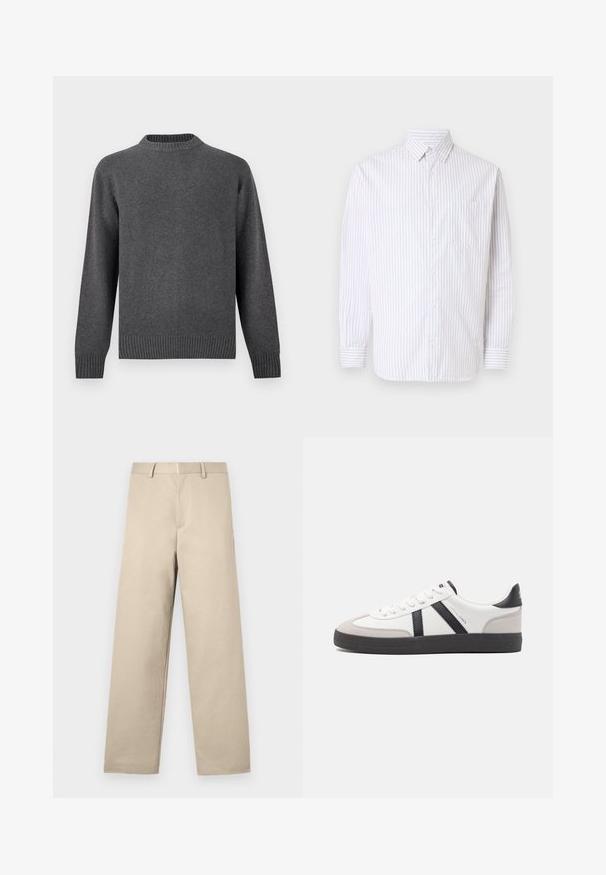 Suéter de punto gris con cuello redondo, mangas largas y puños y dobladillo acanalados. Textura suave con un acabado liso. Diseño sencillo y moderno.; Camisa de hombre de manga larga con botones, con finas rayas verticales marrones, un bolsillo simple en el pecho y cuello puntiagudo sobre fondo blanco.; Pantalones beiges con un diseño de pierna recta, frente plano, dos bolsillos laterales y cremallera. Fabricados en una suave tela de algodón.; Zapatilla blanca con acentos en negro y gris, que presenta una puntera texturizada en gris, suela de goma negra y cordones planos blancos. Diseño limpio, estilo minimalista.