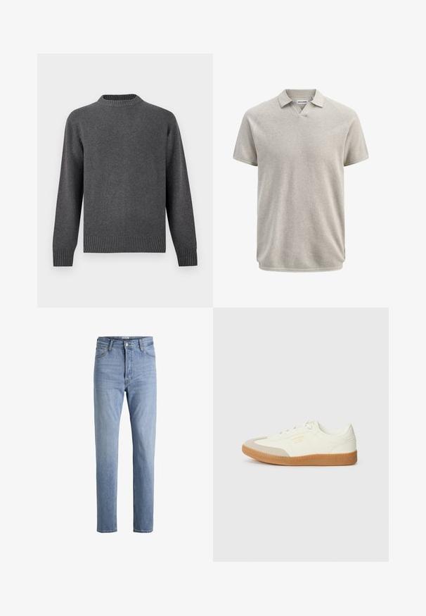 Suéter de punto gris con cuello redondo, mangas largas y puños y dobladillo acanalados. Textura suave con un acabado liso. Diseño sencillo y moderno.; Polo de manga corta en beige texturizado, con cuello y ligera apertura en V, de la marca Jack & Jones.; Vaqueros azules claros de talle alto y pierna recta con cierre de botón y cremallera en el frente, trabillas para cinturón y bolsillos delanteros y traseros.; Zapatilla de cuero blanca con puntera beige y suela de goma marrón claro. Presenta cordones planos blancos y una marca en relieve en el lateral.