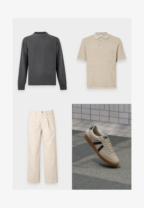 Grå striktrøje med rund hals, lange ærmer samt ribbede manchetter og kant. Blød tekstur med en glat finish. Enkel, moderne design.; Beige polo skjorte, korte ærmer, tekstureret strikstof, tre-knaps lukning, klassisk krave, subtilt mønster, afslappet pasform.; Beige brede bukser med høj talje, der har folder foran, en knappelukning foran og et glat bomuldsstof.; Beige sneaker med struktureret overflade, marineblå striber og gummisål. Har en polstret tunge og traditionelt snørresystem for en sikker pasform.