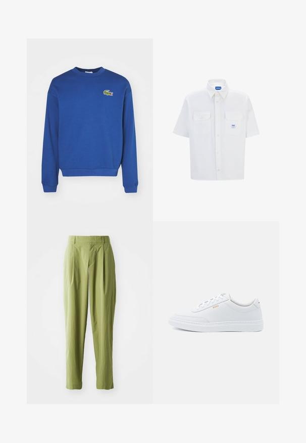Sweatshirt bleu en mélange de coton, avec un col rond et des manches longues. Inclut un petit logo crocodile vert sur la poitrine.; Chemise blanche à manches courtes avec un col button-down, deux poches avant et une étiquette logo bleue. Fabriquée en tissu doux avec une coupe ajustée.; Pantalons vert clair en tissu texturé, présentant une coupe droite, des plis à l'avant et une taille standard.; Baskets blanches en cuir avec une texture lisse, bout rond et coutures tonales. Possède des lacets bleus et un logo doré sur le côté.