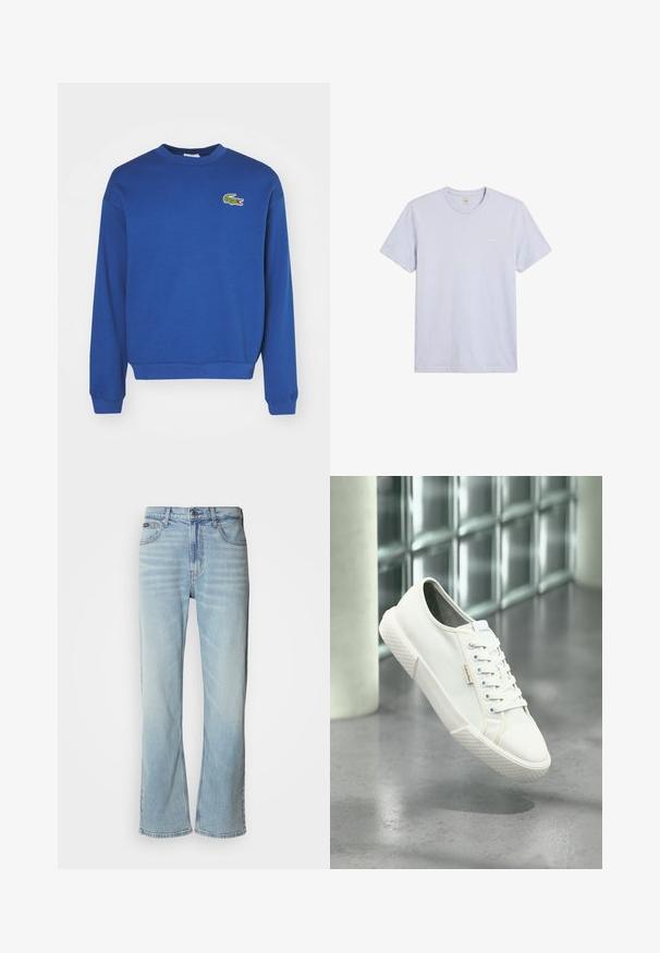 Sweatshirt bleu en mélange de coton, avec un col rond et des manches longues. Inclut un petit logo crocodile vert sur la poitrine.; T-shirt uni gris clair à manches courtes et col rond avec petit logo blanc Calvin Klein sur le côté gauche de la poitrine.; Jeans en denim bleu clair avec une coupe droite, dotés de cinq poches, d'une fermeture à bouton et d'une légère décoloration sur le tissu.; Baskets basses blanches Calvin Klein avec lacets, flottant au-dessus d'un sol gris poli et devant un mur en blocs de verre.