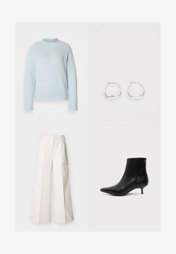 Suéter azul claro hecho de material suave, con un escote redondeado y puños y dobladillo acanalados. Presenta un diseño simple y clásico.; Pantalones de pierna ancha en algodón blanco, con bolsillos delanteros y costuras detalladas. Textura suave con un diseño limpio y minimalista.; Botín de piel negra con puntera puntiaguda y tacón bajo estilo kitten sobre fondo claro, mostrando vista lateral exterior.; Pendientes de aro de plata con un acabado pulido y la marca DKNY, exhibidos sobre un fondo blanco liso.