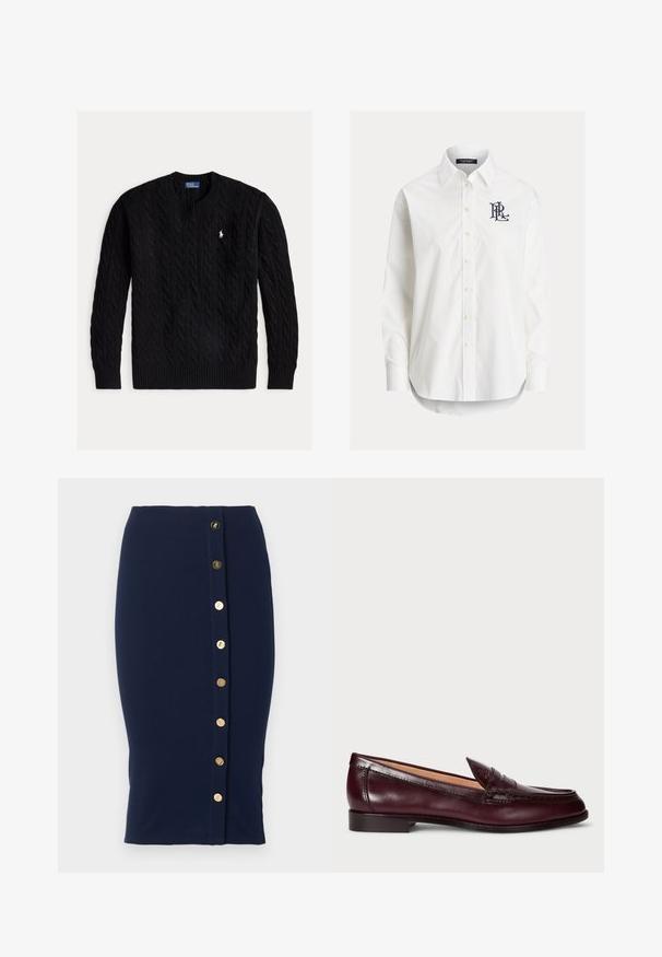 Sort kabelstrikket crewneck-sweater med lange ærmer og et lille hvidt Polo Ralph Lauren-logo på brystet.; Hvid langærmet skjorte med knapper og spidser krave samt sort broderet logo på venstre bryst.; Navyblå knælængde blyantskjørt med en lodret række af otte gyldne knapper langs den forreste højre side.; Bordeaux lær loafers med en glat finish, rund tå, dekorativ syning og en lav hæl. Indersiden har en blød beige foring.