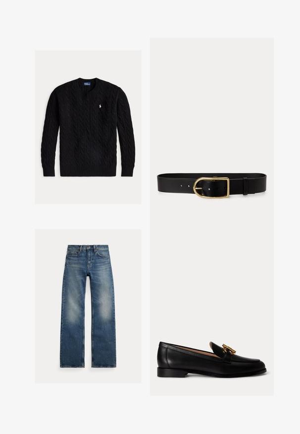 Sort kabelstrikket crewneck-sweater med lange ærmer og et lille hvidt Polo Ralph Lauren-logo på brystet.; Blå jeans med lige ben og falmede områder på lårene, fem-lommer design og knaplukning, lagt fladt på en hvid baggrund.; Sort læderloafer med lav hæl og guldfarvet metalspænde på toppen, vist fra siden på hvid baggrund.; Sort læderbælte med stor guldfarvet rektangulær spænde og flere justeringshuller, lagt fladt på en hvid baggrund.