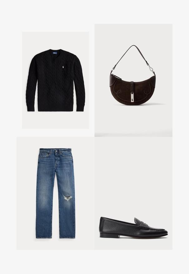 Sort kabelstrikket crewneck-sweater med lange ærmer og et lille hvidt Polo Ralph Lauren-logo på brystet.; Blå denim jeans med medium talje, fem lommer og et hullet slid på højre knæ.; Sorte læder loafers med struktureret finish, der har en dekorativ rem og flad hæl. Slank, minimalistisk design med rund tå.; Mørkebrun måneformet ruskindstaske med flettet kant, læderrem og en sølvspænde med en lille hestelogo.