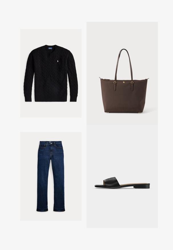 Sort kabelstrikket crewneck-sweater med lange ærmer og et lille hvidt Polo Ralph Lauren-logo på brystet.; Mørkeblå straight-leg jeans med frontknap og lynlås, fem-lomme design og synlige syninger.; Sort flad slip -på sandal med bredt læderrem med subtilt præget logo og lav hæl.; Mørkebrun lædertaske med to lange håndtag og lille guld metal logo og lynlåslukning på toppen.