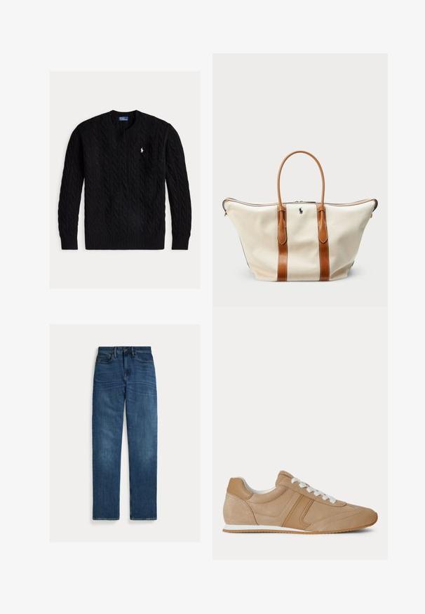 Sort kabelstrikket crewneck-sweater med lange ærmer og et lille hvidt Polo Ralph Lauren-logo på brystet.; Straight-leg blå denim jeans med fem lommer, knaplukning og subtil falmning på lår og knæ, lagt fladt på hvid baggrund.; Lysebrun ruskind og læder lavtop-sneaker med hvide snørebånd og hvid gummisål vist fra siden på en hvid baggrund.; Tote-tasker i cremefarvet lærred med brune læderhåndtag og kanter. Har en lynlåslukning og et lille logo foran. Stor og rummelig design.
