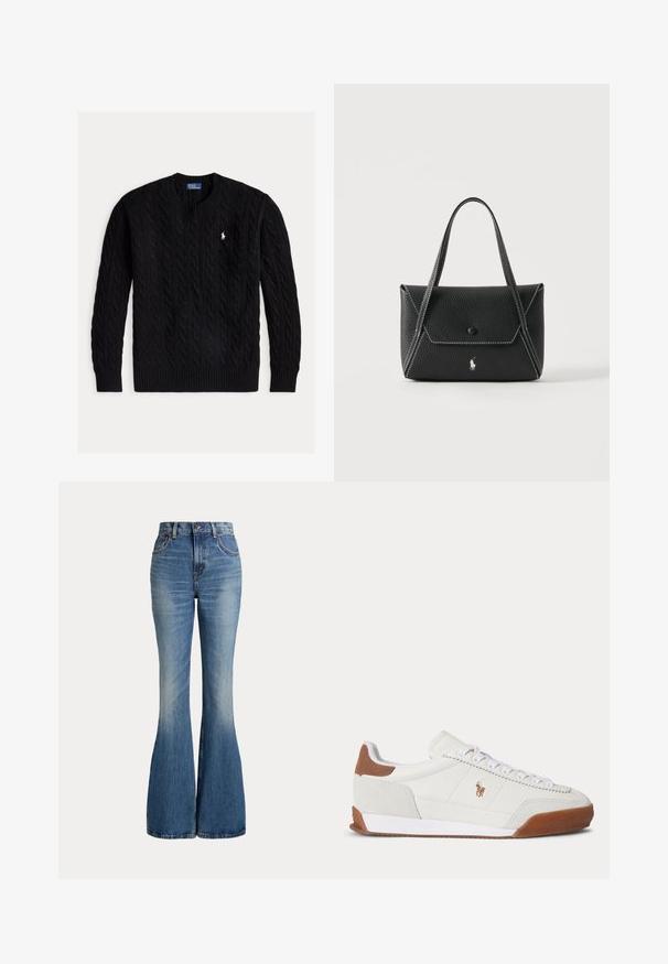Sort kabelstrikket crewneck-sweater med lange ærmer og et lille hvidt Polo Ralph Lauren-logo på brystet.; Højtaljede blå jeans i denim med klokkeformede ben og let falmet område foran på låret, vist mod hvid baggrund.; Hvid sneaker med lavt skaft med brune ruskindsdetaljer ved hæl og tå, hvide snørebånd og et lille brunt broderet logo på siden.; Sort læderhåndtaske med to håndtag, frontklap med knaplukning, hvide syninger og lille hestelogo på ensfarvet baggrund.