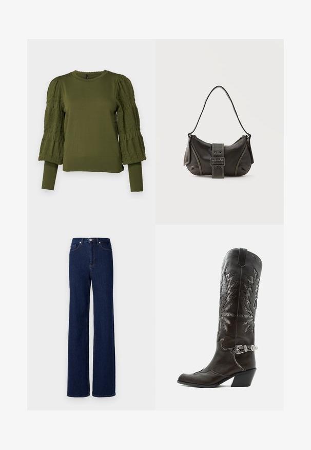 ONLY ONLMELITA O NECK - Pullover - winter moss; Jean en denim bleu foncé à taille haute, coupe large et design classique à cinq poches. Fini avec des coutures contrastées et un bouton en métal.; Botte de cowboy en cuir noir avec découpes décoratives, boucle argentée et talon incliné, présentée sur fond blanc.; Sac à épaule en cuir noir avec une sangle à boucle, des bords arrondis et des coutures blanches contrastées sur un fond uni.
