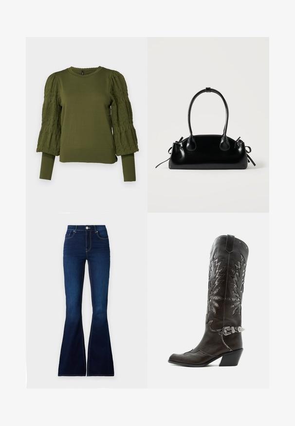 ONLY ONLMELITA O NECK - Striktrøje - winter moss; Mørkeblå bredde jeans med høj talje, lavet af denim. Har kontrast stikninger og en frontlukning med knap. Glat tekstur.; Sort læder cowboystøvle med dekorative udskæringer, sølvspænde og skrå hæl, vist på hvid baggrund.; Lille sort blank håndtaske med to lange håndtag og snøre-detaljer i siden på en ensfarvet lys baggrund.