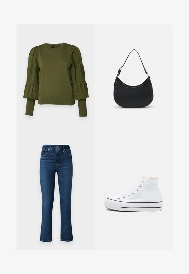 ONLY ONLMELITA O NECK - Striktrøje - winter moss; Good American GOOD LEGS - Jeans Slim Fit - dark blu; Hvide høj-top sneakers lavet af kanvasmateriale, sort gummisål og kontrasterende sort stribe på mellemsålen. Rund tåhætte og snørebåndsdesign.; Sort hobo taske lavet af glat læder med en buet silhuet, der har en enkelt justerbar skulderrem og minimalistiske designdetaljer.