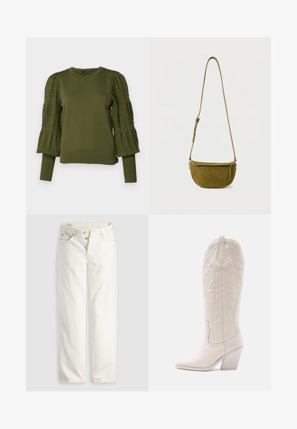 ONLY ONLMELITA O NECK - Striktrøje - winter moss; Hvide jeans med høj talje, lige ben, knaplukning, lommer foran og bagpå samt synlige kobbernitter i lommekanterne.; Hvide læder cowboystøvler med spidse tæer og blokhæle. Har intrikate syninger på skaftet og en glat tekstur.; Olivengrøn ruskind skuldertaske med justerbar rem og lynlåslomme foran på ensfarvet hvid baggrund.