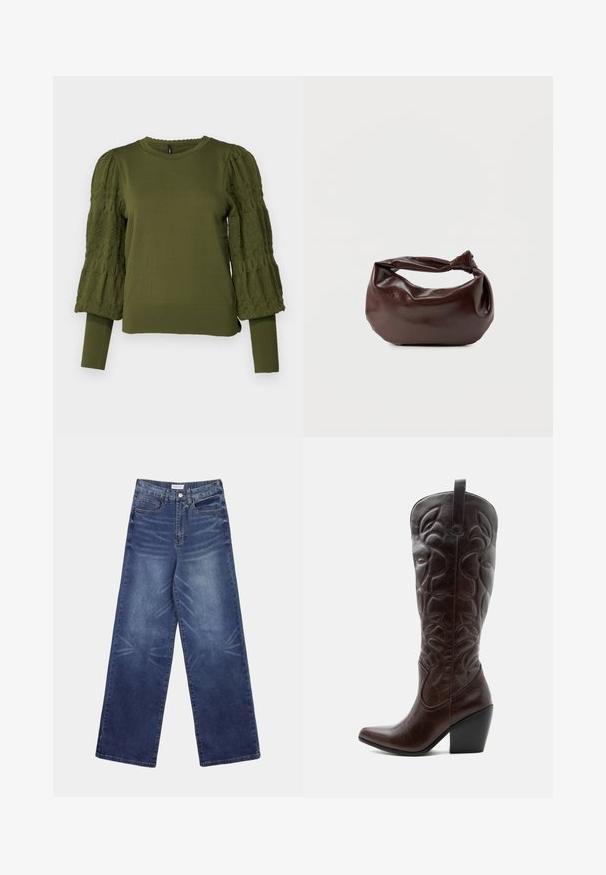 ONLY ONLMELITA O NECK - Pullover - winter moss; Jean en denim à jambes larges de couleur bleu foncé, doté d'une taille haute, de motifs délavés prononcés à l'avant, et d'un style classique à cinq poches.; Botte de cowboy haute en cuir marron foncé avec motifs décoratifs cousus, bout pointu et talon bloc empilé.; Sac bandoulière en cuir marron foncé avec une forme souple et décontractée et une anse nouée torsadée sur un fond blanc uni.