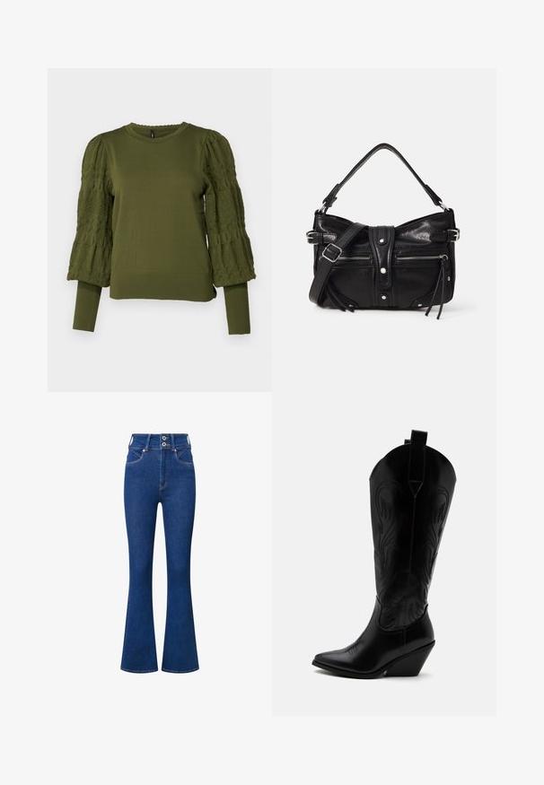 ONLY ONLMELITA O NECK - Striktrøje - winter moss; Højtaljede flared jeans i mørkeblåt denim. Har to-knaps lukning, forlommer og subtile syninger langs sømme.; Sort læder cowboystøvle med spidst tåparti, skråt blokhælhæl, dekorative sømme og trækstropper øverst mod hvid baggrund.; Even&Odd by Zalando H24462 - Håndtasker - black