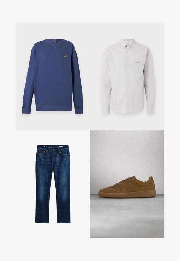 Sweat-shirt bleu à manches longues avec col rond, poignets et ourlet côtelés, avec un petit logo d’oiseau jaune sur la poitrine gauche.; Chemise à manches longues à boutons avec un petit motif à carreaux blancs et marron clair, dotée d'une poche poitrine frontale et d'un col à boutons.; Jean en denim bleu foncé avec fermeture par boutons, cinq poches, légère décoloration aux cuisses et coupe droite.; Baskets en daim marron avec des lacets couleur fauve et une semelle en caoutchouc. Présente un bout arrondi et des détails cousus sur la tige. Design léger.