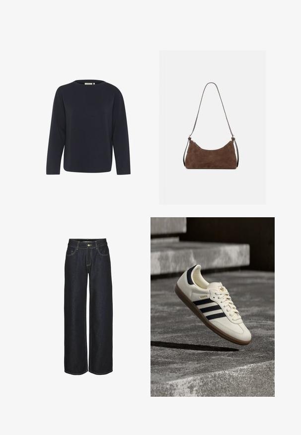 Marineblå langærmet top lavet af blødt stof, med rund halsudskæring og en afslappet pasform. Minimalistisk design uden synlige mønstre eller accenter.; Mørkeblå lige ben jeans med frontlommer, bæltestropper og gule kontrastsyninger, vist på en hvid baggrund.; Hvid Adidas Samba sneaker med sorte striber og gummsål, svævende over teksturerede grå betonstrin.; Brun ruskind skuldertaske med en buet lynlås øverst og en tynd justerbar rem, vist mod en ensfarvet lys baggrund.