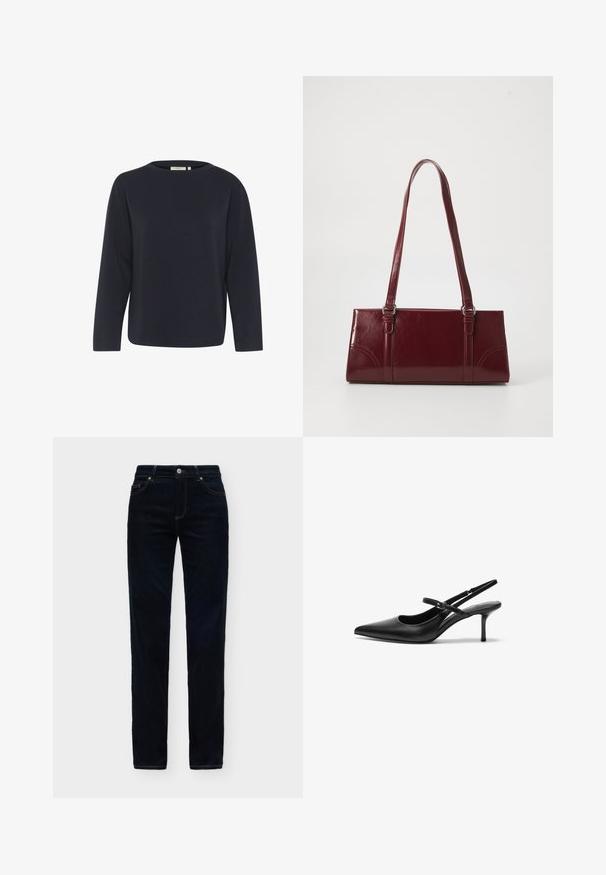 Haut à manches longues bleu marine en tissu doux, avec un col rond et une coupe décontractée. Design minimaliste sans motifs ni accents visibles.; Jean droit en denim bleu foncé avec poches avant et fermeture par bouton sur un fond uni clair.; Talons aiguilles noires en cuir avec un bout pointu, une fine bride réglable, et un talon aiguille d'environ 5 cm, texture lisse.; Sac à main bordeaux en matériau brillant, de forme rectangulaire, avec deux anses et des accents légèrement courbés à l'avant.