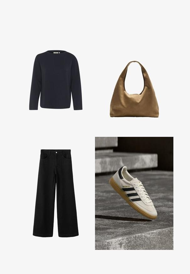 Haut à manches longues bleu marine en tissu doux, avec un col rond et une coupe décontractée. Design minimaliste sans motifs ni accents visibles.; Pantalon large en denim noir à taille haute, doté de poches avant, d'une fermeture à boutons et d'une texture lisse sans usure apparente.; Baskets Adidas Spezial blanches avec des rayures noires et une semelle en gomme flottant au-dessus de marches en pierre grises à l'extérieur.; Sac à épaule en tissu marron avec un corps large et arrondi et une grande poignée découpée. Texture douce, design minimaliste et aucun matériel visible.