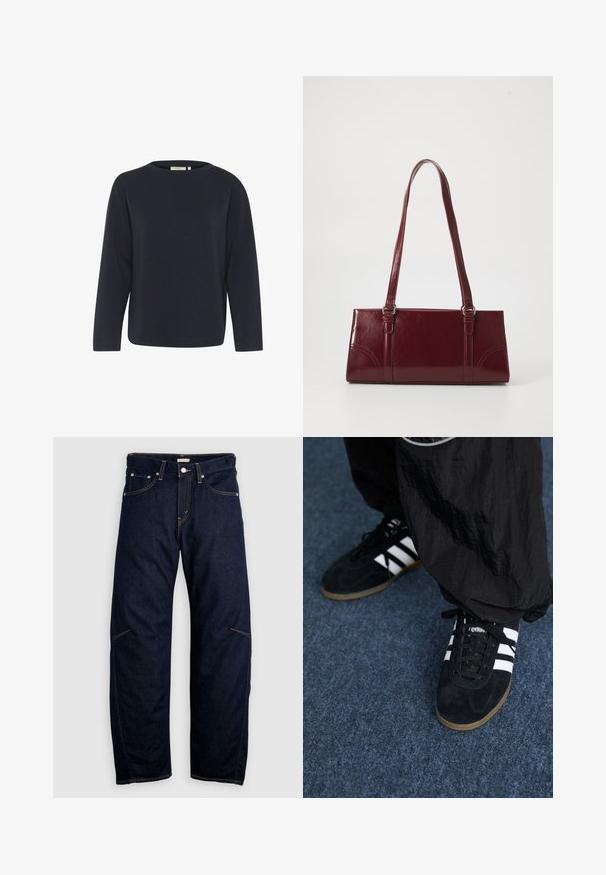 Marineblauwe langemouwtop van zachte stof, met een ronde halslijn en een ontspannen pasvorm. Minimalistisch ontwerp zonder zichtbare patronen of accenten.; Donkerblauwe denim jeans met een rechte pijp, voorzien van voor- en achterzakken en contrasterende gele stiksels. Geen zichtbare versieringen.; Zwarte suède sportschoenen met drie witte strepen en zwarte veters. Een gestructureerde zwarte broek is deels zichtbaar naast de schoenen.; Bourgondische handtas van glanzend materiaal, rechthoekige vorm, met twee schouderbanden en subtiele gebogen accenten aan de voorkant.