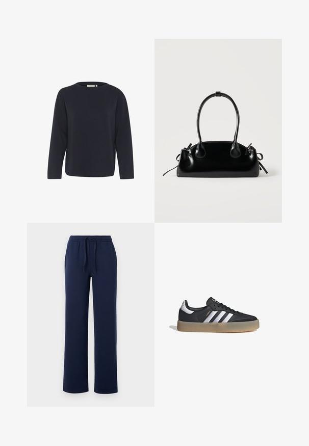 Top de manga larga azul marino hecho de una tela suave, con un escote redondo y un ajuste relajado. Diseño minimalista sin patrones o acentos visibles.; Pantalones de chándal azul marino, fabricados en suave algodón, con una cintura elástica y cordón, bolsillos laterales y un diseño de pierna recta.; Zapatilla deportiva de cuero negro con tres rayas plateadas, punta texturizada y suela de goma. Cuenta con un collar acolchado y un diseño con cordones.; Pequeño bolso negro brillante con dos asas largas y detalles de cordón lateral sobre un fondo claro liso.