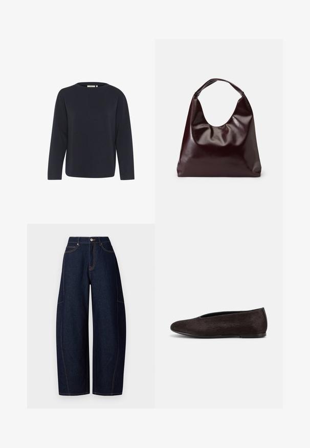 Tumedam sinine pikkade varrukatega topp, mis on valmistatud pehmest kangast, ringkrae ja lõdva istuvuse ning minimalistliku disainiga, ilma nähtavate mustrite või aktsentideta.; Laiad tumedast sinised denim püksid kontrastsete oranžide õmblustega, viie taskuga ning nööbi ja lõhikuga vööosas.; Mustad lamed kingad ümarate varvaste ja madala kontsaga, sileda, kergelt tekstureeritud pinnaga ning lihtsa tõmbega disainiga.; Burgundia, läikiv vegan nahast kott pehme, skulpturaalse kuju ja laia, kõverda käepidemega mugavaks kandmiseks.