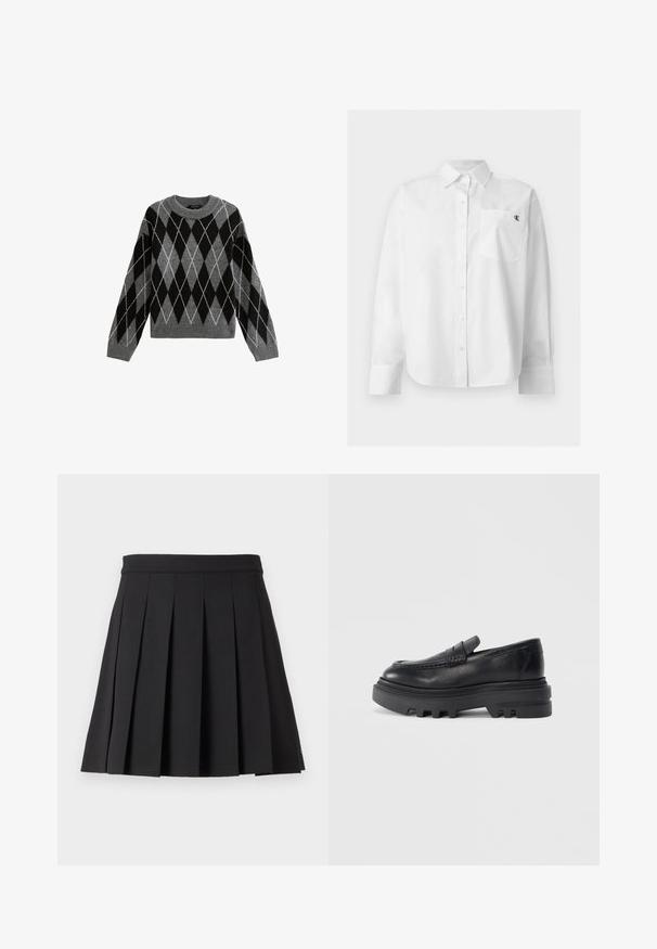 Pull en tricot argyle gris et noir avec col rond, manches longues et ourlet côtelé, présentant des contours de losanges blancs. Texture douce.; Chemise blanche à manches longues avec boutons, col pointu et poche avant avec petit logo noir "CK" sur la poitrine gauche.; Jupe plissée noire avec une taille plate. Fabriquée en tissu lisse, présentant des plis verticaux uniformes et un ourlet droit. Aucune fermeture visible.; Mocassin en cuir noir avec une semelle épaisse noire et un détail de sangle texturé. La finition lisse et la forme arrondie renforcent son design contemporain.