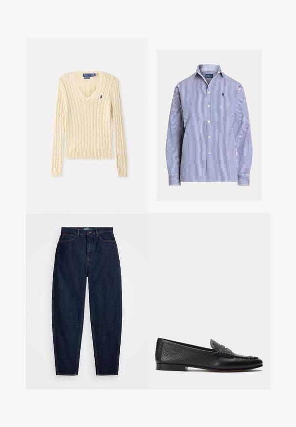 Krémový sveter s pleteným vzorom, výstrihom do V, s dlhými rukávmi a malým tmavomodrým logom Polo Ralph Lauren na ľavej strane hrudníka.; Modro-biela košeľa s dlhým rukávom a vertikálnymi pruhmi, s golierom a malým vyšívaným logom na ľavej strane hrudníka.; Tmavomodré džíny so strihom rovného nohu, s oranžovým štepovaním, predným zapínaním na gombík a piatimi vreckami.; Čierny textúrovaný kožený mokasín s nízkym podpätkom a klasickým remienkom na mincu, zobrazený z profilu na jednoduchom svetlom pozadí.