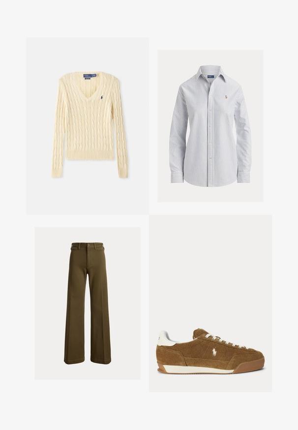 Krémový sveter s pleteným vzorom, výstrihom do V, s dlhými rukávmi a malým tmavomodrým logom Polo Ralph Lauren na ľavej strane hrudníka.; Biela košeľa na gombíky s tenkými zvislými modrými pruhmi, dlhými rukávmi, špicatým golierom a malým vyšivaným logom na hrudi.; Široké olivovo zelené nohavice s pútkami na opasok, predným gombíkom a zipsom, zobrazené na jednofarebnom pozadí.; Hnedá semišová nízka teniska s bielymi šnúrkami, bielym akcentom na päte, gumovou podrážkou a vyšitým logom Polo na boku.