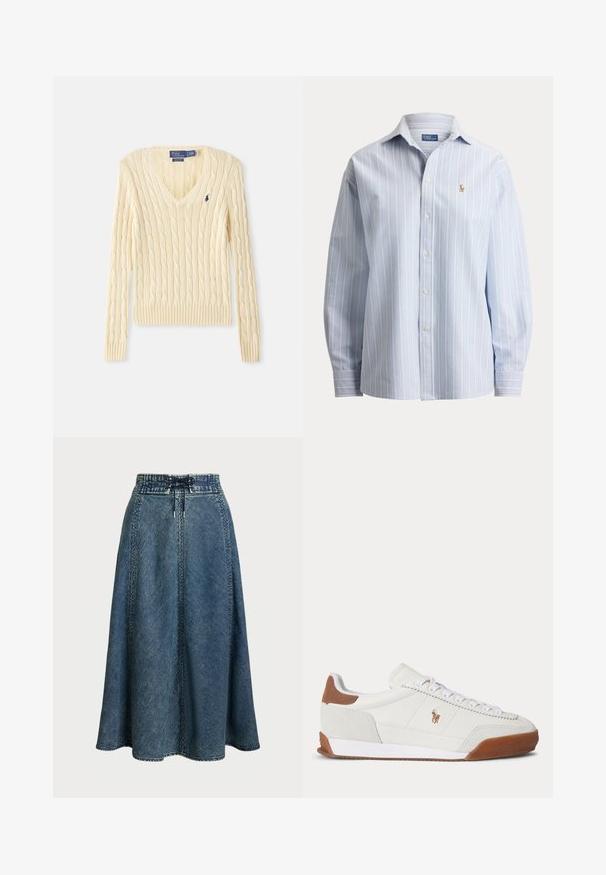 Creamfarvet kabelstrikket V-hals sweater med lange ærmer og lille mørkeblå Polo Ralph Lauren logo på venstre bryst.; Lyseblå skjorte med lange ærmer og knapper, med tynde hvide lodrette striber og et lille broderet hestelogo på venstre bryst.; Lauren Ralph Lauren DENIM DRAWCORD MIDI SKIRT - Denimnederdele - haze wash; Hvid sneaker med lavt skaft med brune ruskindsdetaljer ved hæl og tå, hvide snørebånd og et lille brunt broderet logo på siden.