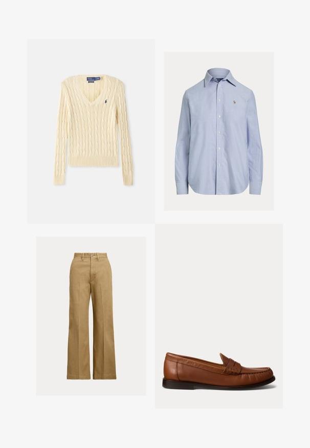 Krémový sveter s pleteným vzorom, výstrihom do V, s dlhými rukávmi a malým tmavomodrým logom Polo Ralph Lauren na ľavej strane hrudníka.; Svetlomodrá košeľa s dlhým rukávom na gombíky, so špicatým golierom a malým vyšitým logom na ľavej strane hrude.; Béžové nohavice na široké nohy s prednými skladmi, pútkami na opasok a zapínaním na gombík na obyčajnom svetlom pozadí.; Hnedý kožený mokasín s nízkym čiernym opätkom, šitím moc toe a dekoratívnym pásikom na vrchu, zobrazený na bielom pozadí.