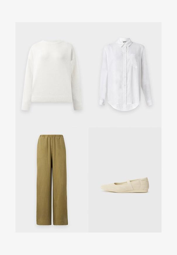Suéter blanco de cuello redondo y mangas largas con puños y dobladillo acanalados, que presenta una textura suave y ligeramente esponjosa.; Camisa blanca de manga larga hecha de lino con cuello abotonado, un bolsillo en el pecho y dobladillo redondeado. Cuenta con cierre frontal estándar con botones.; Pantalones de pierna ancha en caqui con cintura elástica, hechos de material de algodón suave. Presentan aberturas laterales y un corte recto, ofreciendo un ajuste relajado.; Bailarinas beige con un exterior de cuero liso, punta en forma de almendra y una correa elástica en el empeine, con detalles de costura sutiles.