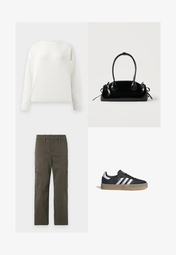 Suéter blanco de cuello redondo y mangas largas con puños y dobladillo acanalados, que presenta una textura suave y ligeramente esponjosa.; Good American CROPPED PANTS - Pantalones cargo - fatigue; Zapatilla deportiva de cuero negro con tres rayas plateadas, punta texturizada y suela de goma. Cuenta con un collar acolchado y un diseño con cordones.; Pequeño bolso negro brillante con dos asas largas y detalles de cordón lateral sobre un fondo claro liso.