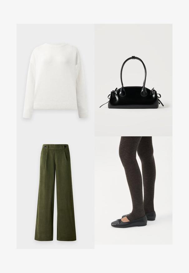 Pull-over blanc à col rond et manches longues avec des poignets et un ourlet côtelés, arborant une texture douce et légèrement duveteuse.; Pantalons en velours côtelé à jambes larges de couleur vert foncé. Présentent une texture lisse, deux poches avant et deux fermetures à boutons à la taille.; Jambes portant des leggings côtelés foncés associés à des ballerines noires avec de petits détails en nœud sur fond blanc.; Petit sac à main noir brillant avec deux longues anses et des détails à cordon sur les côtés sur un fond clair uni.