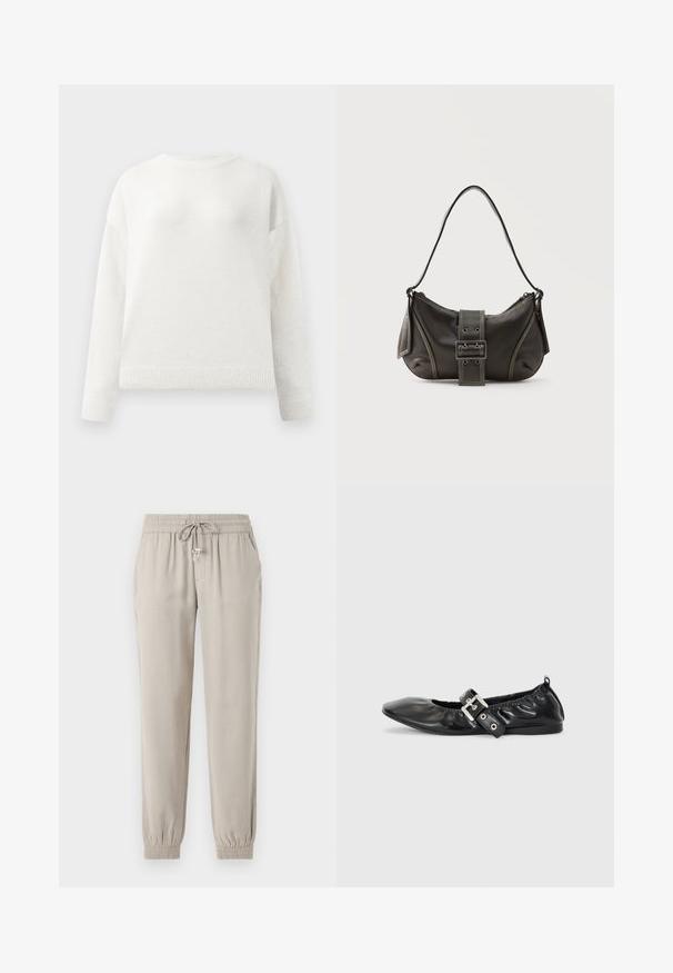 Pull-over blanc à col rond et manches longues avec des poignets et un ourlet côtelés, arborant une texture douce et légèrement duveteuse.; Pantalons de jogging beige clair en tissu doux, dotés d'une taille élastique avec un cordon de serrage, de poches latérales et de poignets élastiques.; Chaussure plate en cuir noir avec un nez pointu, des détails froncés autour de l'ouverture et un accent en boucle argentée sur la bride ajustable.; Sac à épaule en cuir noir avec une sangle à boucle, des bords arrondis et des coutures blanches contrastées sur un fond uni.