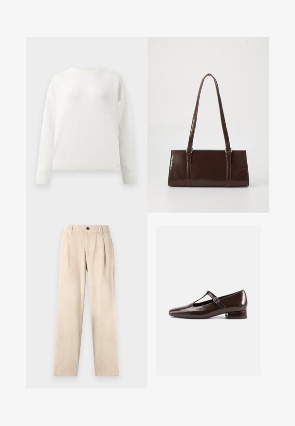 Pull-over blanc à col rond et manches longues avec des poignets et un ourlet côtelés, arborant une texture douce et légèrement duveteuse.; Pantalons en velours côtelé beige, à jambes droites, avec passants de ceinture, plis à l'avant, poches et fermeture à bouton noir à la taille.; Chaussures Mary Jane en cuir verni marron avec un bout arrondi, un design ajouré et une bride réglable. Talon bas bloc.; Sac à main en cuir verni marron de forme rectangulaire, avec deux longues poignées et des accents courbés subtils à l'avant.