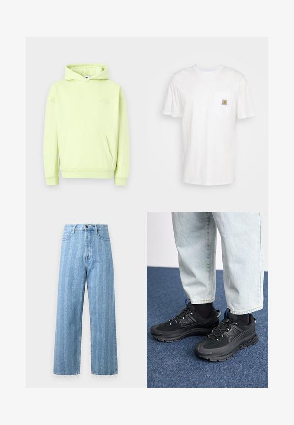 Haut à capuche vert clair avec une poche kangourou à l'avant, des poignets et un ourlet côtelés. Présente un logo ton sur ton en relief "OBEY STUDIOS" sur la poitrine.; T-shirt en coton blanc à manches courtes, avec une poche poitrine et un petit patch logo carré en orange et blanc sur la poche.; Jean en denim bleu clair avec une coupe large, arborant un motif chaîne répétitif. Style classique à cinq poches avec détails en métal sur le bouton.; Des chaussures de sport noires avec un tissu texturé et des semelles en caoutchouc, dotées de lacets élastiques et d'un accent bleu au talon. Portées avec un pantalon en denim clair.