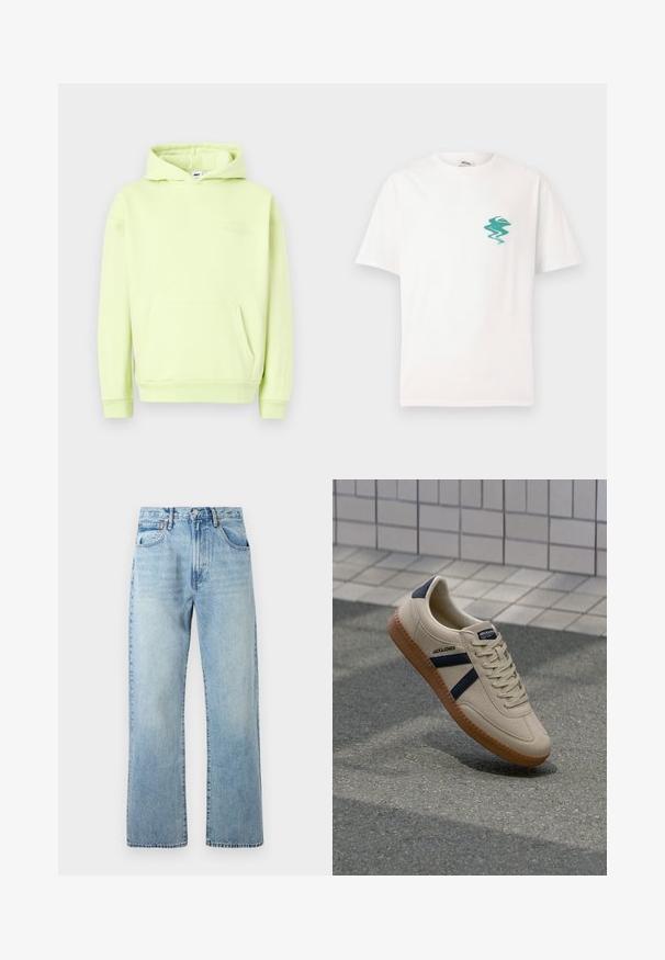 Haut à capuche vert clair avec une poche kangourou à l'avant, des poignets et un ourlet côtelés. Présente un logo ton sur ton en relief "OBEY STUDIOS" sur la poitrine.; T-shirt blanc à manches courtes avec un petit logo abstrait de vague et de montagne verte sur la poitrine gauche, sur fond uni.; Jeans en denim bleu clair avec des jambes larges et droites, design à cinq poches et une taille avec passants de ceinture. Le tissu présente une texture légèrement décolorée.; Baskets beiges avec une finition texturée, bandes navy et semelle en caoutchouc. Équipées d'une languette rembourrée et d'un système de laçage traditionnel pour un maintien sécurisé.