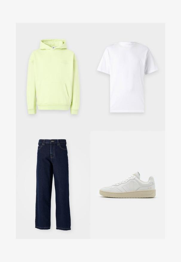 Lichtgroene hoodie met een voorzak, ribgebreide manchetten en zoom. Heeft een tonale, reliëfbedrukte "OBEY STUDIOS" logo op de borst.; Witte T-shirt met korte mouwen, gemaakt van katoen, met een ronde hals. Het heeft een gladde textuur en een eenvoudig ontwerp zonder patronen of accenten.; Donkerblauwe wijde jeans van denim met een rechte snit, vijf zakken ontwerp en afwerksteken langs de zoom.; Witte leren sneakers met een gestructureerde afwerking en een gevoerde kraag. Voorzien van een beige rubberen zool en subtiele branding op de hiel en zijkant.