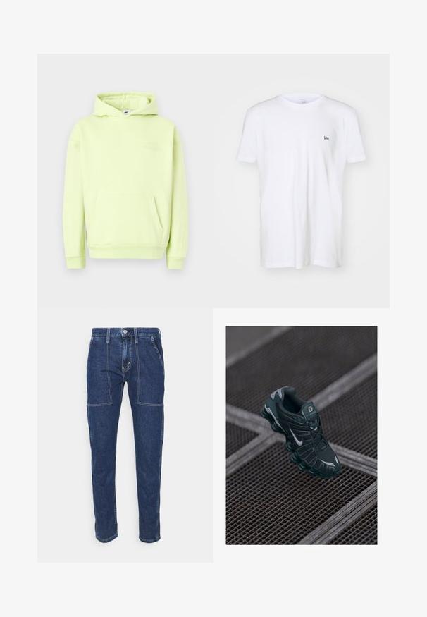 Sudadera verde claro con un bolsillo frontal tipo canguro, puños y dobladillo acanalados. Presenta un logotipo grabado en tono "OBEY STUDIOS" en el pecho.; Camiseta de algodón blanca de manga corta, con un pequeño logotipo negro "Lee" bordado en el lado izquierdo del pecho. Diseño simple y clásico.; Jeans de denim azul oscuro con un corte recto, costura visible, dos bolsillos frontales y una cremallera. La tela tiene una textura suave.; Zapatilla Nike Shox de color verde oscuro con parte superior de malla, acentos de goma y suela acolchada distintiva. Logo de Nike en plata en el lateral. Detalles texturizados visibles.