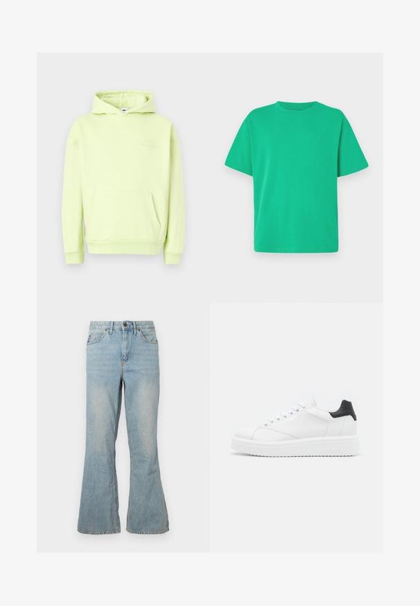 Haut à capuche vert clair avec une poche kangourou à l'avant, des poignets et un ourlet côtelés. Présente un logo ton sur ton en relief "OBEY STUDIOS" sur la poitrine.; T-shirt vert à manches courtes en tissu doux ; présente un col rond et une coupe décontractée ; texture lisse sans motifs ni accents.; Jeans en denim bleu clair évasés avec une taille mi-haute, cinq poches et des coutures visibles. Présente une texture lisse et une fermeture à braguette standard.; Baskets en cuir blanc avec un empiècement noir à l'arrière, lacets plats, semelle intermédiaire texturée et logo sur le côté extérieur. Conçues pour une utilisation décontractée.