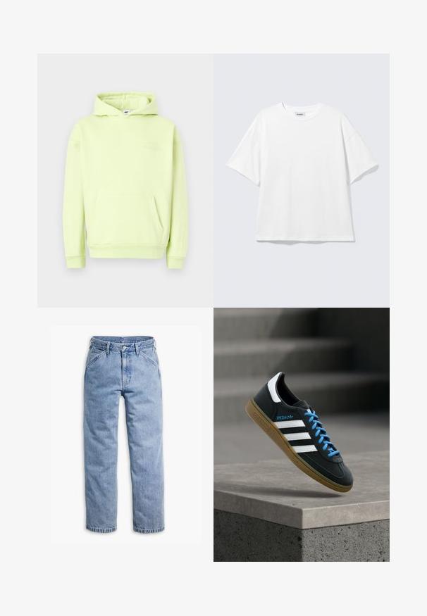 Lichtgroene hoodie met een voorzak, ribgebreide manchetten en zoom. Heeft een tonale, reliëfbedrukte "OBEY STUDIOS" logo op de borst.; Witte oversized T-shirt met korte mouwen, ronde hals en verlaagde schouders, plat op een lichtgrijze achtergrond.; Lichtblauwe denim jeans met rechte pijpen, voorste knoop- en ritssluiting, riemlussen en schuine voorzakken.; Zwarte Adidas-sneaker met witte strepen, blauwe veters en een gumzool die boven een grijze betonnen trede zweeft in zacht licht.