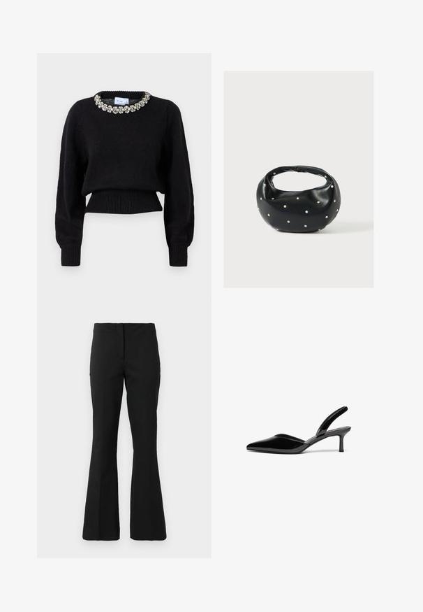 Sweat à manches longues noir court en tissu tricoté, avec un col décoratif orné de perles. Poignets et ourlet côtelés.; Pantalons noirs ajustés avec une taille haute et des jambes légèrement évasées, présentés sur un fond blanc uni.; Escarpins à talon aiguille en cuir verni noir, avec un bout pointu, un talon aiguille bas et un design élégant et simple sans embellissements.; Sac à main en cuir noir de forme arrondie, décoré de clous argentés et équipé d'une poignée courte. Texture lisse et fermeture éclair.