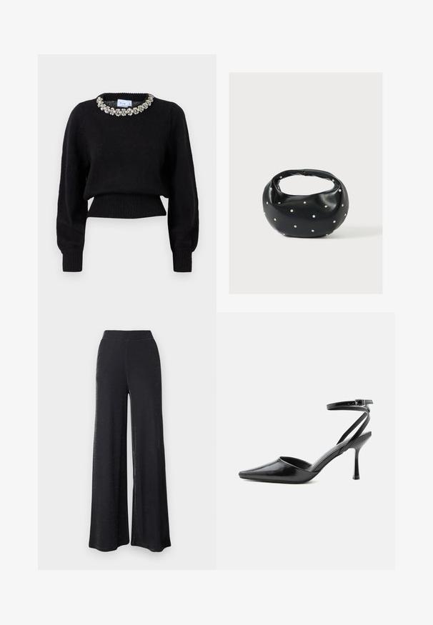 Sort cropped sweater lavet af strikket stof, med lange ærmer og en dekorativ perlekrave. Ribbet manchetter og kant.; Sorte breddebenede bukser lavet af et blødt, strækbart materiale med en subtil glans, der har en elastisk linning og en afslappet pasform.; Sort spids højhælet sko med tynde ankelremme og sølvspænde på en ensfarvet lys baggrund.; Sort læderhåndtaske med en rundet form, dekoreret med sølvnitter, og et kort håndtag. Glat tekstur og lynlåslukning.